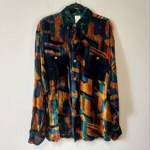 Men Retro Disco Concert Tour Button Down Shirt Large VTG Earth Tones Abstract
